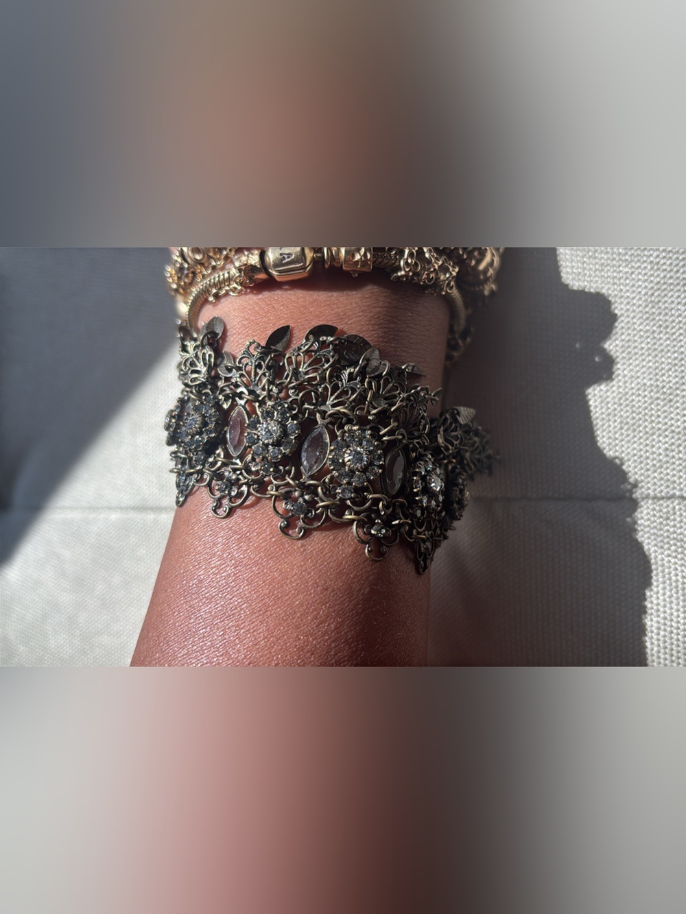Kenny M San Francisco Floral Filigree Crystal Bracelet Antique Brass Style